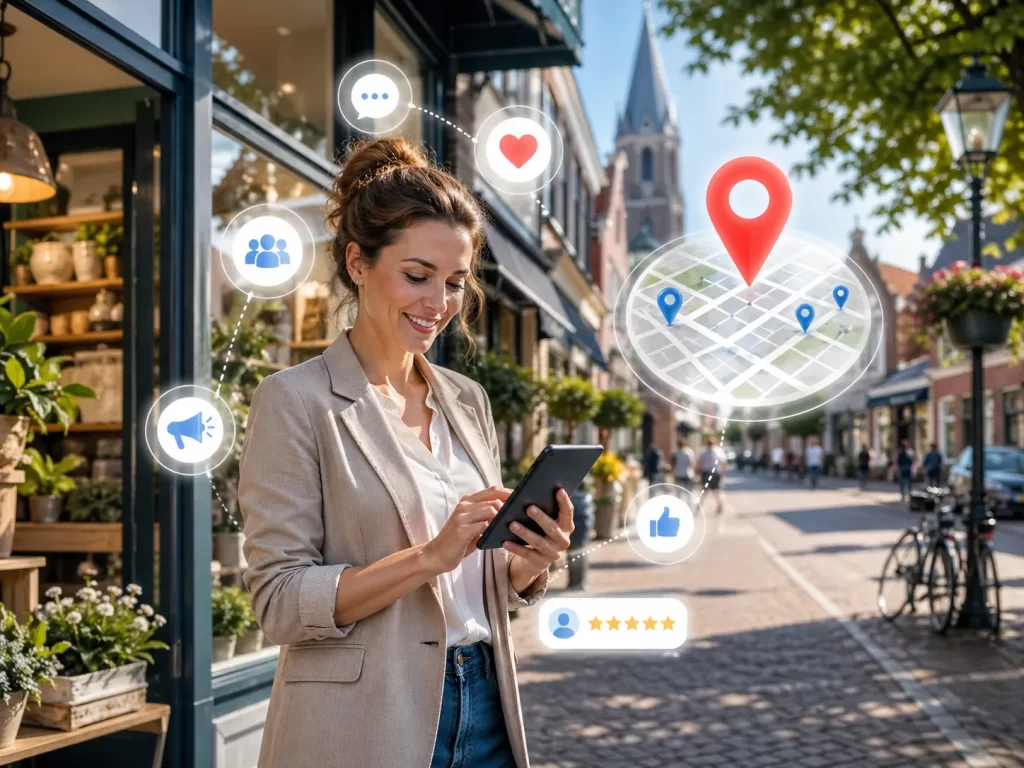 Een zelfstandige ondernemer gebruikt digitale tools om lokaal zichtbaar te worden en klanten in de buurt te bereiken.