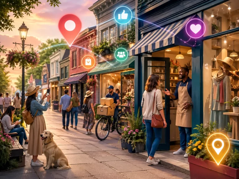 Een levendige winkelstraat waar buurtwinkels klanten aantrekken met lokale marketing, online zichtbaarheid en persoonlijke service.
