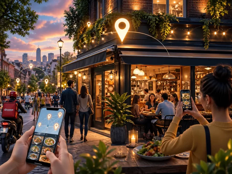 Een sfeervolle stadsstraat met een populair restaurant, lokale klanten, online vindbaarheid en bezorging in beeld.