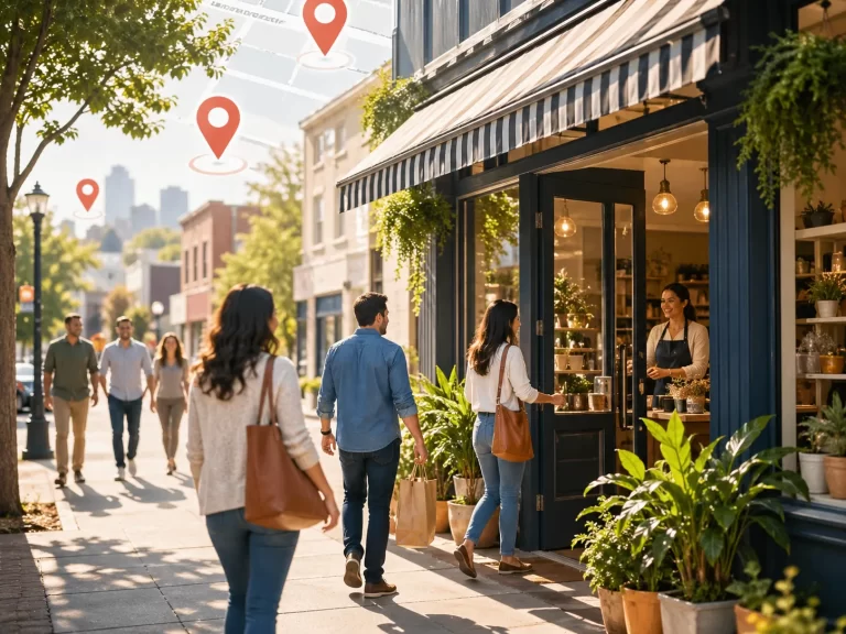 Een warme straatbeeldfoto van een lokale winkel waar buurtbewoners naar binnen lopen. Geschikt voor marketing rond lokale zichtbaarheid en klantgroei.