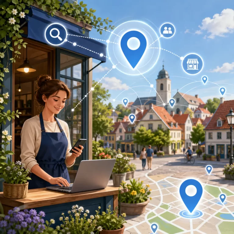 Een lokale ondernemer wordt digitaal vindbaar in de buurt via online zoekopdrachten, locatiepinnen en lokale verbindingen.