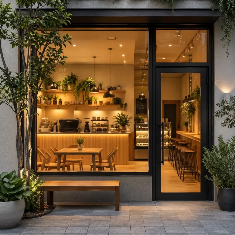 Moderne cafégevel met warme verlichting, houten meubels en groene planten.