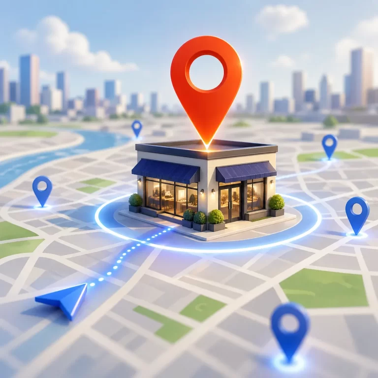 Een lokale zaak wordt opvallend gemarkeerd op een digitale stadskaart, met navigatiepinnen en een route die klanten naar de winkel leidt.