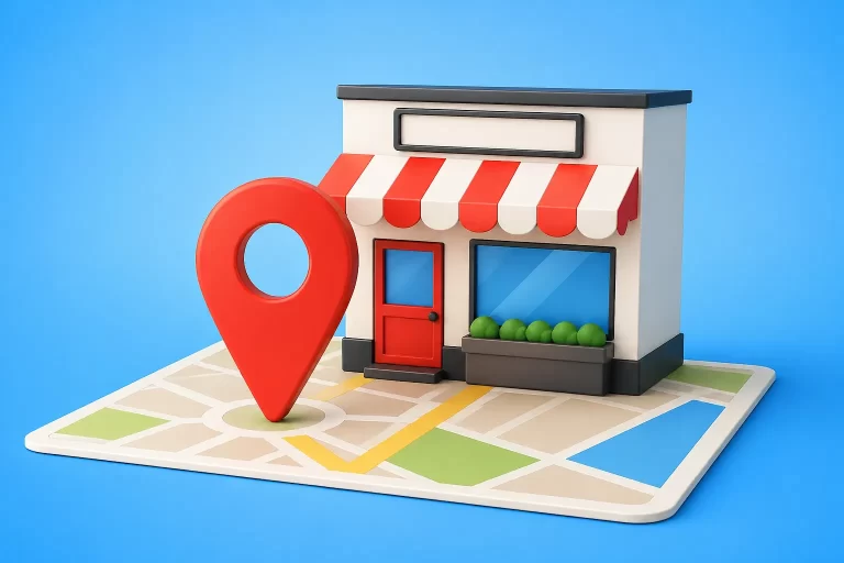 Een kleine winkel op de kaart met een locatiepin, symbool voor betere lokale vindbaarheid.