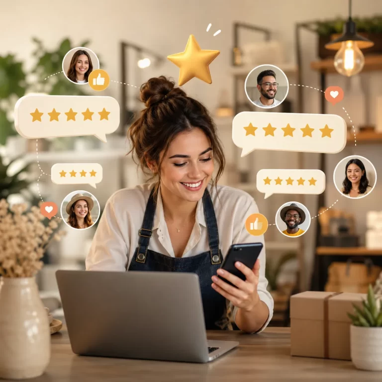 Een ondernemer ontvangt positieve klantbeoordelingen en sterratings, wat vertrouwen en groei stimuleert.