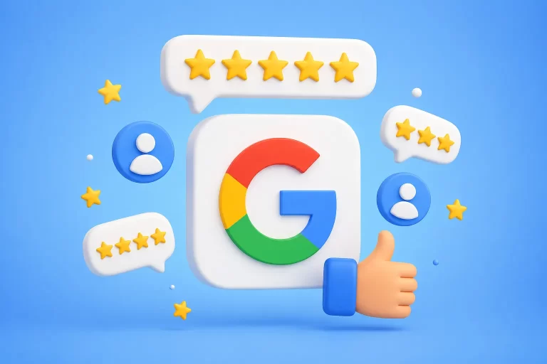 Een visueel concept over het stimuleren van klantvertrouwen en online zichtbaarheid via Google reviews.