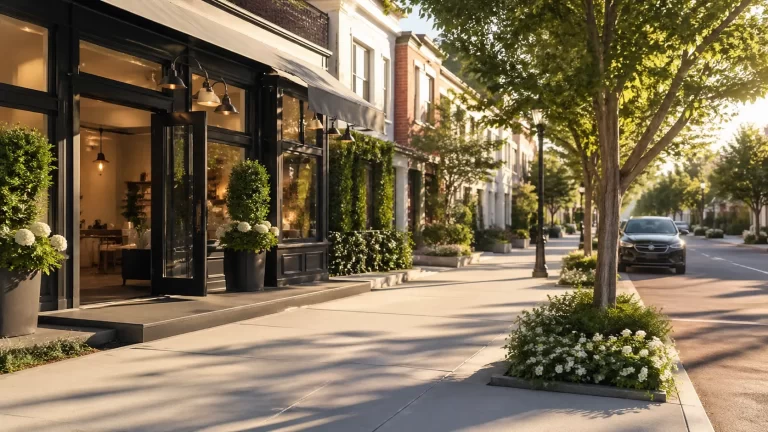 Een sfeervolle, groene straat met een moderne winkelpui en warme zonlichtsfeer.